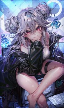 1girl absurdres black_jacket black_skirt breasts closed_mouth cross cross_earrings crossed_legs dated double_bun earrings ghost hair_between_eyes hair_bun hand_on_own_chin highres jacket jewelry long_hair medium_breasts nekoya_(nekodayo_22) original pink_eyes red_eyes safety_pin signature skirt static tank_top television thigh_strap thighs white_tank_top will-o'-the-wisp_(mythology)