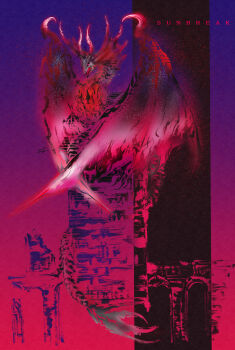 absurdres claws coiled deadpool_yuchan dragon dragon_horns dragon_tail english_text folded_wings frills glowing glowing_eyes gradient_background highres horns malzeno_(monster_hunter) monster monster_focus monster_hunter_(series) monster_hunter_rise no_humans open_mouth perching pink_eyes pink_theme ruins sharp_teeth solo spiked_tail spiked_wings spikes tail teeth western_dragon