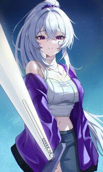 1girl absurdres blue_pants breasts camisole cleavage commentary commission cowboy_shot crescent crescent_facial_mark crop_top crossed_bangs double-parted_bangs english_commentary facial_mark hair_between_eyes hair_ornament hair_scrunchie high_ponytail highres holding holding_sword holding_weapon jacket jewelry large_breasts light_blush long_hair looking_at_viewer midriff navel necklace open_clothes open_jacket original pants ponytail purple_eyes purple_jacket purple_scrunchie scrunchie single_bare_shoulder solo standing sword weapon white_camisole white_hair zzirit6