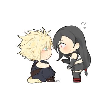 1boy 1girl animal_ears bare_shoulders black_gloves black_thighhighs blonde_hair blue_eyes blue_pants blue_sweater blush boots bruise bruise_on_arm closed_mouth cloud_strife commentary crop_top dog_ears dog_tail duoj_ji earrings elbow_gloves english_commentary final_fantasy final_fantasy_vii final_fantasy_vii_ever_crisis final_fantasy_vii_remake fingerless_gloves flying_sweatdrops from_side full_body gloves highres injury jewelry knees_up long_hair looking_at_another low-tied_long_hair pants profile red_boots red_eyes simple_background single_earring sitting sleeveless sleeveless_turtleneck spiked_hair standing sweatdrop sweater tail tank_top teardrop_earrings thighhighs tifa_lockhart turtleneck turtleneck_sweater twitter_username wet wet_hair white_background white_tank_top zettai_ryouiki