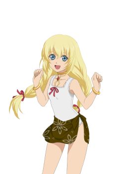 Rule 34 | 1girl, artist request, blonde hair, blue eyes, bracelet, colette brunel, game cg, gem, gold bracelet, gold choker, jewelry, long hair, looking at viewer, necklace, official alternate costume, official art, open mouth, red gem, red ribbon, ribbon, smile, solo, swimsuit, tales of (series), tales of asteria, tales of symphonia, third-party source, transparent background