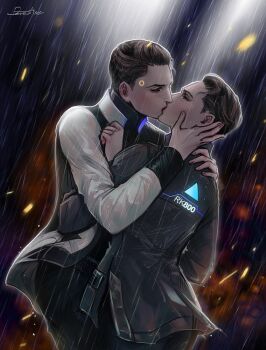 2boys closed_eyes closed_mouth commentary connor_(detroit) crying detroit:_become_human develvdeva english_commentary forced forced_kiss full_body grabbing_from_behind jacket kiss male_focus multiple_boys rain rk900_(detroit) watermark yaoi