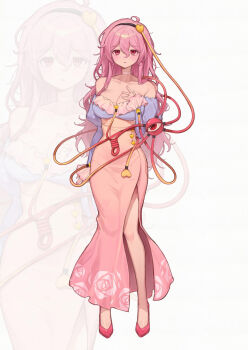 1girl adapted_costume aged_up alternate_hair_length alternate_hairstyle blue_shirt blush breasts buttons cleavage closed_mouth commentary_request dress eyeball floral_print full_body hairband heart_button high-waist_skirt highres juliet_sleeves komeiji_satori large_breasts long_hair long_sleeves looking_at_viewer off-shoulder_shirt off_shoulder pink_dress pink_eyes pink_hair pink_skirt print_skirt puffy_sleeves qiu_ju rose_print shirt side_slit skirt third_eye touhou very_long_hair zoom_layer