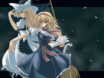 2girls adjusting_clothes adjusting_headwear alice_margatroid apron back-to-back blonde_hair blue_dress broom dress female_focus fuyuwa_kotatsu hat holding kirisame_marisa long_hair looking_at_viewer multiple_girls puffy_short_sleeves puffy_sleeves short_sleeves standing touhou very_long_hair waist_apron