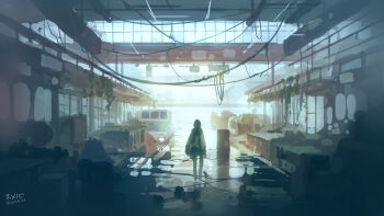 1girl blue_sky cable crane_(machine) dark entrance highres home_nobi hook indoors industrial original scenery shadow sky solo steel_beam sunlight window wire