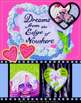 1boy 1girl absurdres animal baby_animal birch_tree black_eyes black_hair blossom_(the_wolf's_den_anthology) blue_background blue_eyeshadow border bow bowtie cake cake_slice colored_skin colorful commentary commission copyright_name dessert english_commentary english_text eyeshadow film_strip finger_in_own_mouth fingernails food forest green_background hair_bow heart heart-shaped_food henry_williamson_(the_wolf's_den_anthology) hetero highres horror_(theme) icing lace_trim lamb limited_palette lipstick_mark lipstick_mark_on_face long_fingernails looking_at_viewer makeup multiple_views nature night open_mouth pink_background pink_eyes pink_lips pink_skin quezify red_bow red_nails second-party_source sheep short_hair smile sweets teeth the_wolf's_den_anthology tree two_heads valentine wavy_hair white_fur white_hair yellow_border