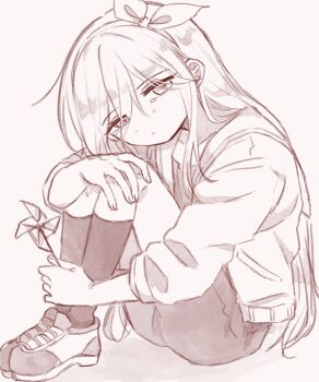 1girl aubrey_(faraway)_(omori) aubrey_(omori) closed_mouth collarbone commentary_request denim denim_skirt double-parted_bangs full_body greyscale hair_between_eyes hairband highres holding holding_pinwheel jacket kneehighs knees_up long_hair long_sleeves looking_at_viewer mimi_utlove monochrome omori open_clothes open_jacket pinwheel shoes sitting skirt sneakers socks solo