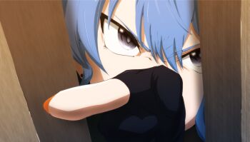 1girl black_gloves blue_hair commentary_request double-parted_bangs ear_piercing fullmetal_alchemist gillisk gloves grey_eyes hair_between_eyes highres hololive hoshimachi_suisei index_finger_raised looking_at_viewer nail_polish orange_nails parody partially_fingerless_gloves peeking_out piercing pointing scene_reference solo v-shaped_eyebrows virtual_youtuber