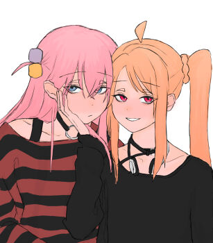 2girls ahoge black_choker black_shirt blue_eyes bocchi_the_rock! choker commentary_request cube_hair_ornament gotoh_hitori hair_ornament hand_on_another&#039;s_face headphones highres ijichi_nijika long_hair mentos_pepsi multiple_girls parted_lips pink_hair red_eyes shirt side_ponytail simple_background smile striped_clothes striped_shirt upper_body white_background