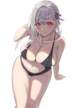1girl absurdres arm_at_side bandaged_head bandages bare_arms bare_legs bare_shoulders black_one-piece_swimsuit black_ribbon blush breasts casual_one-piece_swimsuit cleavage collarbone commentary_request cowboy_shot earrings from_above goddess_of_victory:_nikke grey_hair grin hair_between_eyes hair_bun hair_ribbon halterneck hand_in_own_hair hand_up highres invisible_chair jewelry large_breasts long_hair looking_at_viewer looking_up modernia_(nikke) modernia_(second_affection)_(nikke) monokini navel nemg one-piece_swimsuit parted_lips purple_ribbon red_eyes ribbon shade simple_background single_side_bun sitting smile solo sparkling_eyes stomach stud_earrings swimsuit thigh_gap two-tone_ribbon wet white_background