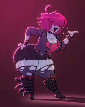 1girl angry belt bigdad boots bracelet breasts cleavage collar covered_eyes curvy duplicate full_body gazlene_membrane goth_fashion hair_over_eyes hand_on_own_hip invader_zim jewelry large_breasts open_mouth pink_hair pointing purple_thighhighs sharp_teeth short_hair simple_background skindentation skirt skull_print solo spiked_bracelet spikes standing teeth thick_thighs thighhighs thighs torn_clothes torn_thighhighs