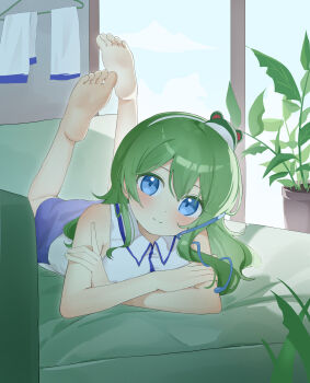 1girl absurdres barefoot blue_eyes blue_skirt feet_up green_hair highres kitahara_(pixiv_19528441) kochiya_sanae looking_at_viewer lying on_stomach plant potted_plant shirt skirt sleeveless sleeveless_shirt smile soles solo touhou white_shirt