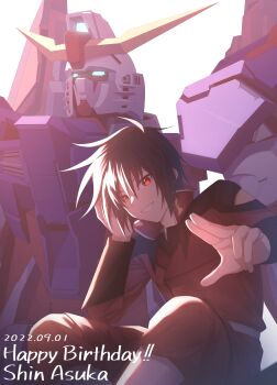 1boy 2022 aqua_eyes black_hair character_name commentary_request destiny_gundam gundam gundam_seed gundam_seed_destiny hand_on_own_face happy_birthday highres hoshi_(artoria_0518) looking_at_viewer male_focus mecha mobile_suit red_eyes robot science_fiction shinn_asuka short_hair sitting smile v-fin white_background white_mouth zaft_uniform