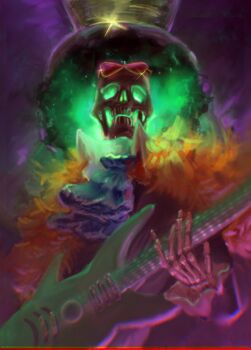 1boy afro ascot black_hair blue_ascot brook_(one_piece) coat commentary crown english_commentary eyewear_on_head fiocca_art guitar highres holding holding_instrument instrument male_focus music one_piece pink-tinted_eyewear playing_instrument purple_coat skeleton skull solo sunglasses tinted_eyewear undead yellow-framed_eyewear