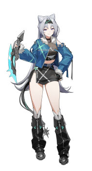 1girl absurdres bell belt black_gloves black_leg_warmers black_skirt blue_belt blue_jacket blue_nails collar commentary crop_top eucha fingerless_gloves fur_trim gloves grey_hair hair_horns hand_on_own_hip headband highres holding holding_weapon jacket knife leg_warmers long_hair long_sleeves looking_at_viewer midriff neck_bell original parted_bangs purple_eyes sidelocks simple_background skirt slit_pupils smile solo thighs weapon white_background zipper