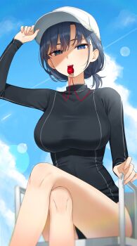 Rule 34 | 1girl, absurdres, adjusting clothes, adjusting headwear, aotake iro, arm up, baseball cap, black one-piece swimsuit, blowing whistle, blue eyes, blue hair, blue sky, blurry, bokeh, breasts, chair, cloud, cloudy sky, commentary, crossed legs, depth of field, english commentary, hat, highres, hololive, hololive english, large breasts, lifeguard, lifeguard chair, long sleeves, looking at viewer, one-piece swimsuit, ouro kronii, ponytail, short hair, short ponytail, sitting, sky, solo, swimsuit, virtual youtuber, whistle, whistle around neck, white hat