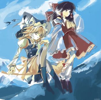 1990s_(style) 2girls 6osquet adapted_costume ankle_boots apron ascot bare_shoulders bird black_dress black_hair black_hat black_shoes blonde_hair blunt_bangs boots bow bracelet braid braided_sidelock broom broom_riding brown_eyes closed_mouth cloud collared_shirt day detached_sleeves dress expressionless faux_retro_artstyle floating floating_hair frilled_bow frilled_hair_tubes frilled_hat frilled_sleeves frills full_body hair_bow hair_tubes hakurei_reimu hat hat_bow highres jewelry juliet_sleeves kirisame_marisa knee_up large_bow levitation long_hair long_sidelocks long_sleeves looking_ahead looking_at_viewer loose_socks medium_dress medium_hair mountain multiple_girls outdoors pantyhose parted_lips petticoat pinafore_dress puffy_sleeves red_bow red_dress retro_artstyle ring shirt shoes sidelocks single_sidelock sitting sleeveless sleeveless_dress sleeves_past_fingers sleeves_past_wrists socks standing touhou turtleneck twitter_username white_bow white_pantyhose white_shirt white_sleeves white_socks wide_sleeves wing_collar witch_hat yellow_apron yellow_ascot yellow_eyes