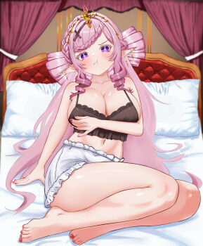 1girl :t absurdres braid breasts cleavage collarbone commentary drill_hair earrings english_commentary futoshi_95 hair_ornament highres jewelry long_hair malice_evermore nail_polish navel on_bed phase_connect pillow pink_hair pointy_ears purple_eyes red_nails second-party_source solo toenail_polish toenails virtual_youtuber