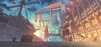 banner cloud cloudy_sky commentary_request day highres nagi_itsuki original outdoors pixiv_fantasia pixiv_fantasia_age_of_starlight railing scenery sky stairs