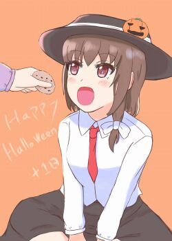 Rule 34 | 2girls, black hat, black skirt, blush, bow, breasts, brown hair, collared shirt, cookie, dress, feeding, food, hair between eyes, hair bow, halloween, hands on ground, hat, highres, holding, holding cookie, holding food, long sleeves, looking at another, maribel hearn, multiple girls, necktie, open mouth, orange background, pumpkin hat ornament, purple dress, red necktie, sanwa no jako (daikichi club), shirt, short hair, simple background, sitting, skirt, sleeve cuffs, solo focus, touhou, usami renko, white bow, white shirt