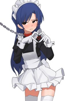 1girl absurdres apron blue_hair brown_eyes ch2haya_p chain chain_leash collar cowboy_shot glaring gloves heart heart_hands highres idolmaster idolmaster_(classic) kisaragi_chihaya leash long_hair long_sleeves maid maid_headdress red_collar sideways_glance simple_background solo standing thighhighs white_apron white_background white_gloves white_thighhighs