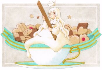 1girl blush brown_eyes chiori_n colored_pencil_(medium) commentary cookie crown cup dress food long_hair looking_at_viewer mini_person minigirl original ribbon saucer smile solo sweets teacup traditional_media white_dress white_hair