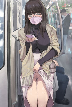 1girl absurdres bag between_breasts black_eyes black_hair black_sweater blunt_bangs blush breasts cellphone censored chijo clothes_lift exhibitionism female_pervert female_pubic_hair glasses groin highres holding holding_phone large_breasts lifting_own_clothes long_hair long_sleeves looking_at_viewer mask mosaic_censoring no_panties original pervert phone photo_background pubic_hair public_indecency pussy pussy_juice shawl shoulder_bag skirt skirt_lift smartphone sparse_pubic_hair strap_between_breasts sweat sweater turtleneck turtleneck_sweater white_skirt yomoda_yomo