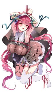 1girl absurdres armpits black_skirt breasts full_body heterochromia highres hinoki_kahun0 hololive houshou_marine houshou_marine_(ahoy!!_you&#039;re_all_pirates) large_breasts long_hair low_twintails red_eyes red_hair red_ribbon restrained ribbon simple_background skirt solo thighhighs twintails virtual_youtuber white_background white_thighhighs yellow_eyes