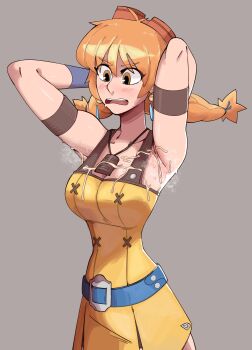 1girl absurdres aika_(eternal_arcadia) armband armpit_crease armpits braid breasts cleavage cum cum_on_armpit cum_on_body cum_on_breasts cum_on_clothes cum_on_upper_body earrings eternal_arcadia goggles goggles_on_head highres jewelry orange_hair ragingbarbarians sega sweat sweatdrop twin_braids