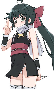 1girl ahoge armpit_crease azumaya_koyuki bare_shoulders bow commentary_request cowboy_shot expressionless fundoshi green_eyes green_hair hair_bow hand_up highres holding japanese_clothes k-go keroro_gunsou kuji-in long_hair looking_at_viewer ninja obi ponytail red_bow red_sash sash scarf simple_background solo white_background white_scarf