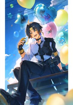Rule 34 | ahoge, aqua jacket, asaba harumasa, balloon, belle (cat) (zenless zone zero), black cat, black choker, black gloves, black hair, black necktie, black pants, black shoes, blue cat, blue sky, cat, choker, clothes around waist, cloud, cloudy sky, collared shirt, colored shoe soles, gloves, headband, heart balloon, highres, hoshimi miyabi (cat), jacket, jacket around waist, looking at viewer, lyrie luna, necktie, open mouth, pants, parted bangs, partially fingerless gloves, partly fingerless gloves, pink cat, shirt, shoes, sitting, sky, sleeves rolled up, smile, solo, soukaku (cat), star balloon, thigh strap, tsukishiro yanagi (cat), white shirt, wise (cat) (zenless zone zero), yellow eyes, yellow gloves, yellow headband, yugake, zenless zone zero