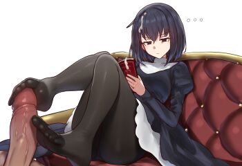 1boy 1girl absurdres bad_link black_eyes black_hair book ebora fate/grand_order fate_(series) feet footjob footjob_with_legwear fur_hat hat hetero highres kuonji_alice mahou_tsukai_no_yoru multitasking pantyhose penis reien_girl&#039;s_academy_school_uniform school_uniform short_hair two-footed_footjob uncensored white_background