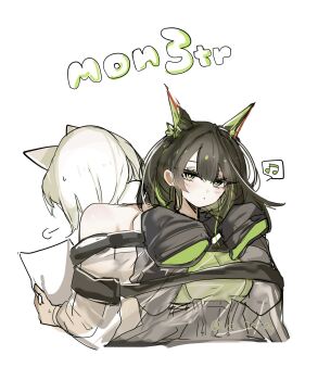 2girls animal_ears arknights beamed_sixteenth_notes black_hair black_jacket breasts character_name commentary_request cropped_torso dress green_dress green_eyes green_hair highres horns jacket kal&#039;tsit_(arknights) long_hair long_sleeves medium_breasts mon3tr_(arknights) multiple_girls musical_note off-shoulder_jacket off_shoulder renka_(renxka) simple_background sleeves_past_fingers sleeves_past_wrists spoken_musical_note upper_body white_background white_hair white_jacket