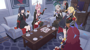 5girls armband black_gloves black_hair black_horns blonde_hair blue_archive breasts card chiaki_(blue_archive) closed_eyes coffee coffee_mug coin coin_on_string couch cup demon_horns food fruit gehenna_academy_logo gloves grey_hair hair_over_one_eye halo hat highres holding holding_pendulum holed_coin horns hypnotizing_viewer ibuki_(blue_archive) indoors iroha_(blue_archive) large_breasts long_hair makoto_(blue_archive) mandarin_orange mikan_battery mug multicolored_horns multiple_girls necktie on_couch open_mouth pandemonium_society_(blue_archive) pendulum pink_hair playing_card pointy_ears red_garter_straps red_hair red_halo red_necktie red_wrist_cuffs satsuki_(blue_archive) smile table two-tone_horns wrist_cuffs yellow_halo