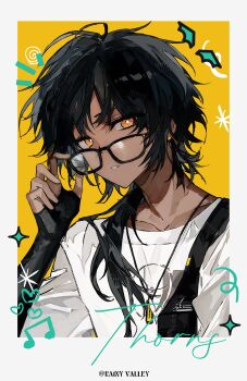 Rule 34 | 1boy, absurdres, adjusting eyewear, antenna hair, arknights, bag, black-framed eyewear, black gloves, black hair, border, buqiyong, character name, chinese commentary, collarbone, commentary request, dark-skinned male, dark skin, dog tags, doodled object, earrings, elbow gloves, fanny pack, fingerless gloves, gloves, hair between eyes, hair over shoulder, hand up, highres, jewelry, long hair, looking at viewer, male focus, necklace, official alternate costume, open mouth, orange eyes, polaroid photo, shirt, shoulder bag, solo, stud earrings, thorns (arknights), thorns (comodo) (arknights), upper body, white border, white shirt, yellow background