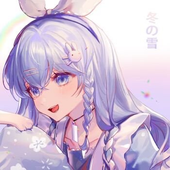 1girl blue_eyes blue_hair blush bow braid cat_paw collarbone dress frilled_dress frills hair_bow hair_ornament hairband hairclip highres long_hair multicolored_hair open_mouth original rabbit_hair_ornament side_braid simple_background two-tone_hair white_bow white_hair yp1091