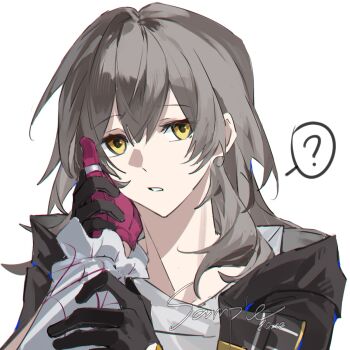2girls ? black_gloves black_jacket commentary female_pov gloves grey_hair hashtag-only_commentary highres honkai:_star_rail honkai_(series) jacket kafka_(honkai:_star_rail) long_hair multiple_girls parted_lips pov purple_gloves sample_watermark shirt simple_background spoken_question_mark stelle_(honkai:_star_rail) trailblazer_(honkai:_star_rail) watermark white_background white_shirt xianyuqihaouki yellow_eyes yuri