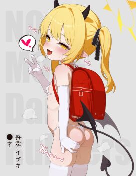 1girl ass backpack bag bikini blonde_hair blue_archive demon_girl demon_horns demon_tail demon_wings elbow_gloves gloves grey_background highres horns ibuki_(blue_archive) iroshira_skb loli long_hair micro_bikini pointy_ears ponytail randoseru simple_background swimsuit tail tongue tongue_out v white_bikini white_gloves wings yellow_eyes