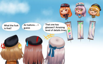 +++ 3girls ahoge anger_vein anis_(nikke) anniversary balloon beatheart beret black_gloves black_jacket black_thighhighs blush brown_eyes brown_hair cat_hair_ornament character_balloon commentary_request counters_(nikke) english_text engrish_text glasses gloves goddess_of_victory:_nikke green_eyes grey_hair hair_ornament happy_anniversary hat jacket long_hair long_sleeves multiple_girls necktie neon_(nikke) open_mouth outdoors ranguage rapi_(nikke) red_eyes short_hair smile sweatdrop thighhighs thighs typo