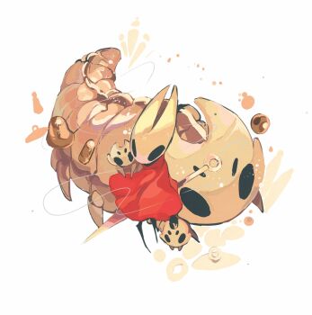 1girl beastling_(hollow_knight) bell bell_beast_(hollow_knight) black_eyes cloak commentary film_grain from_above full_body highres hightguy hollow_eyes hollow_knight hollow_knight:_silksong horned_mask hornet_(hollow_knight) horns mask needle_(hollow_knight) on_person red_cloak simple_background sitting symbol-only_commentary thread weapon weapon_on_back white_background