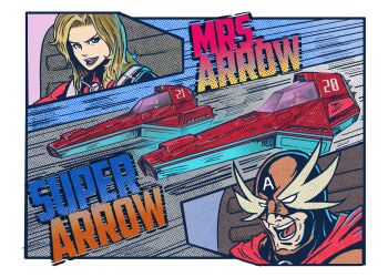 1boy 1girl :d action aircraft artist_name blonde_hair blue_eyes bodysuit border brown_bodysuit cape character_name close-up f-zero f-zero_gx flying_car highres hover_vehicle jrcomicart king_meteor lips mask motion_lines mrs._arrow nintendo open_mouth queen_meteor race_vehicle red_bodysuit red_cape science_fiction smile speed_lines super_arrow superhero_costume teeth vehicle_focus white_border