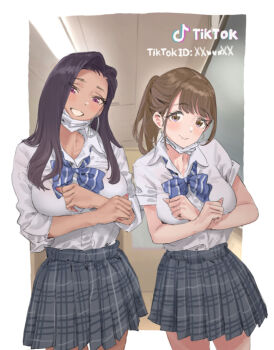 2girls blue_bow blue_bowtie blush bow bowtie breasts dancing grey_skirt hamedoragon hashtag-only_commentary large_breasts loose_bowtie mask mask_pull medium_breasts mouth_mask multiple_girls open_collar original outside_border plaid_clothes plaid_skirt pleated_skirt school_uniform shirt shirt_tucked_in skirt smile tiktok tiktok_logo white_mask white_shirt