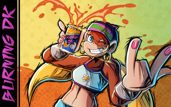 1girl animal_ears beanie blonde_hair blue_eyes can crop_top donkey_kong_(series) earrings fang furry furry_female hat highres holding holding_can hoop_earrings jewelry looking_at_viewer midriff monkey_ears monkey_girl nail_polish nintendo one_eye_closed pink_nails solo teeth thegreyzen tiny_kong twintails