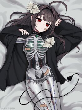 1girl ahoge android animal animal_on_head artist_name bandaid bandaid_on_cheek bandaid_on_chest bandaid_on_face black_nails black_shirt breasts brown_hair bug cable cable_tail choker circuit_board closed_mouth commentary cowboy_shot ear_piercing earrings electric_plug electric_plug_tail hair_intakes highres insect jewelry long_hair long_sleeves looking_at_another lying mechanical_tail medium_breasts mole mole_under_eye moth nail_polish navel no_nipples nude on_back on_head open_clothes open_shirt original piercing red_eyes see-through_body shirt skeleton sleeves_past_wrists solo spiked_choker spikes tail vickie_(cryingrobot) vickie_(cryingrobot)_(character)