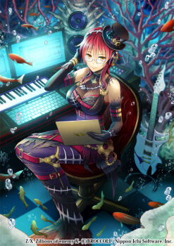 1girl bare_shoulders black_gloves black_hat breasts brown_shirt chair character_request commentary_request computer_keyboard copyright_notice coral elbow_gloves fish full_body glasses gloves grin guitar hat instrument keyboard_(instrument) large_breasts looking_at_viewer mermaid monitor monster_girl official_art ronce shirt sitting sleeveless sleeveless_shirt smile solo underwater white-framed_eyewear yellow_eyes z/x