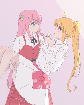 Rule 34 | 2girls, blonde hair, blue eyes, bocchi the rock!, bow, carrying, collared shirt, cube hair ornament, dress, ein, eye contact, gotoh hitori, hair ornament, highres, kita ikuyo, light blush, long hair, looking at another, multiple girls, one side up, pink background, pink bow, pink dress, pink hair, princess carry, red eyes, shirt, standing, very long hair, white dress