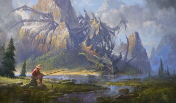 1boy animal_skeleton blue_sky bone cloud cloudy_sky commentary day dragon english_commentary fantasy fishing fishing_rod fog giant giant_monster grass hat holding holding_fishing_rod landscape mountain mountainous_horizon on_rock original outdoors pine_tree realistic river rock scenery sitting skeleton sky straw_hat tree water wide_shot yonaz