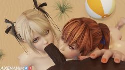 1boy 2girls 3d animated artist_name ass axenanim ball beachball black_ribbon blonde_hair blue_eyes brown_eyes brown_hair dark-skinned_male dark_skin dead_or_alive fellatio fingernails hair_ornament hair_ribbon hairdressing interracial kasumi_(doa) large_penis licking licking_penis long_hair marie_rose matching_hair/eyes moaning multiple_girls nail_polish nude open_mouth oral orange_nails patreon_logo penis ponytail pov ribbon sound teeth tongue tongue_out twintails twitter_logo upper_teeth_only video x_hair_ornament