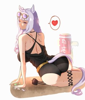 1girl animal_ears ass black_one-piece_swimsuit casual_one-piece_swimsuit eyewear_on_head gold_ship_(run_revolt_launcher)_(umamusume) gold_ship_(umamusume) heart highres horse_ears horse_girl horse_tail itsuyoitsuyo long_hair official_alternate_costume one-piece_swimsuit purple-tinted_eyewear solo spoken_heart sunglasses sweat swimsuit tail tinted_eyewear umamusume white_hair