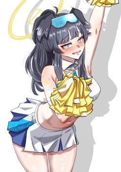 1girl absurdres animal_ears black_hair blue_archive blue_eyes blush cheerleader commentary_request dog_ears dog_girl dog_tail goggles goggles_on_head halo hibiki_(blue_archive) hibiki_(cheer_squad)_(blue_archive) highres holding holding_pom_poms long_hair looking_at_viewer microskirt millennium_cheerleader_outfit_(blue_archive) navel official_alternate_costume open_mouth pom_pom_(cheerleading) pom_poms simple_background skirt solo star_(symbol) star_sticker sticker sticker_on_arm sticker_on_face tail white_background woo_(woosan) yellow_halo